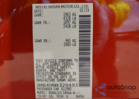 2019 Nissan Altima 2.5 Sr from USA, damaged, VIN 1N4BL4CV0KN320493